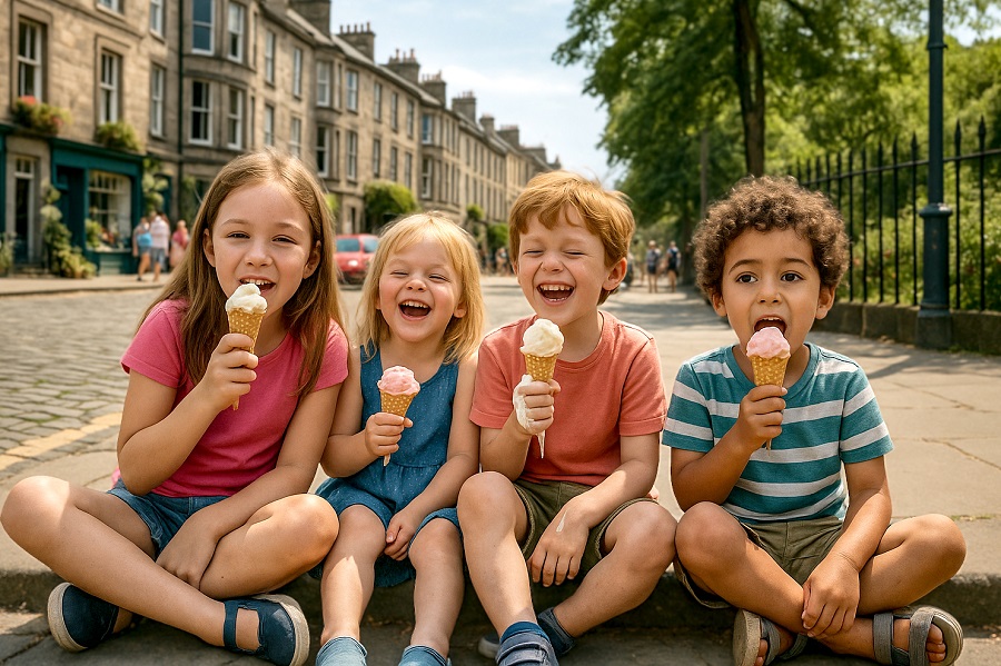 Children in Edinburgh enjoying ice cream on the road.